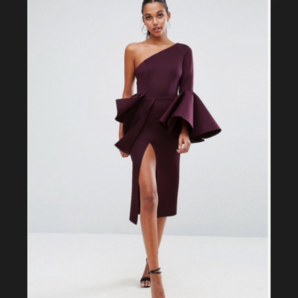 ASOS PREMIUM One Shoulder Sleeve Peplum Midi Dress